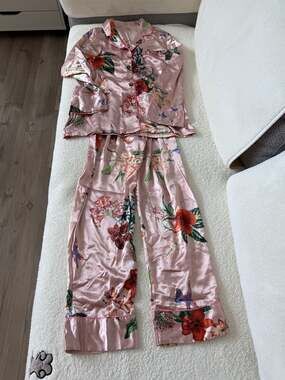 Pink Satin Floral Pajama Set Button Down Top Wide Leg Pants Lounge Set Size L